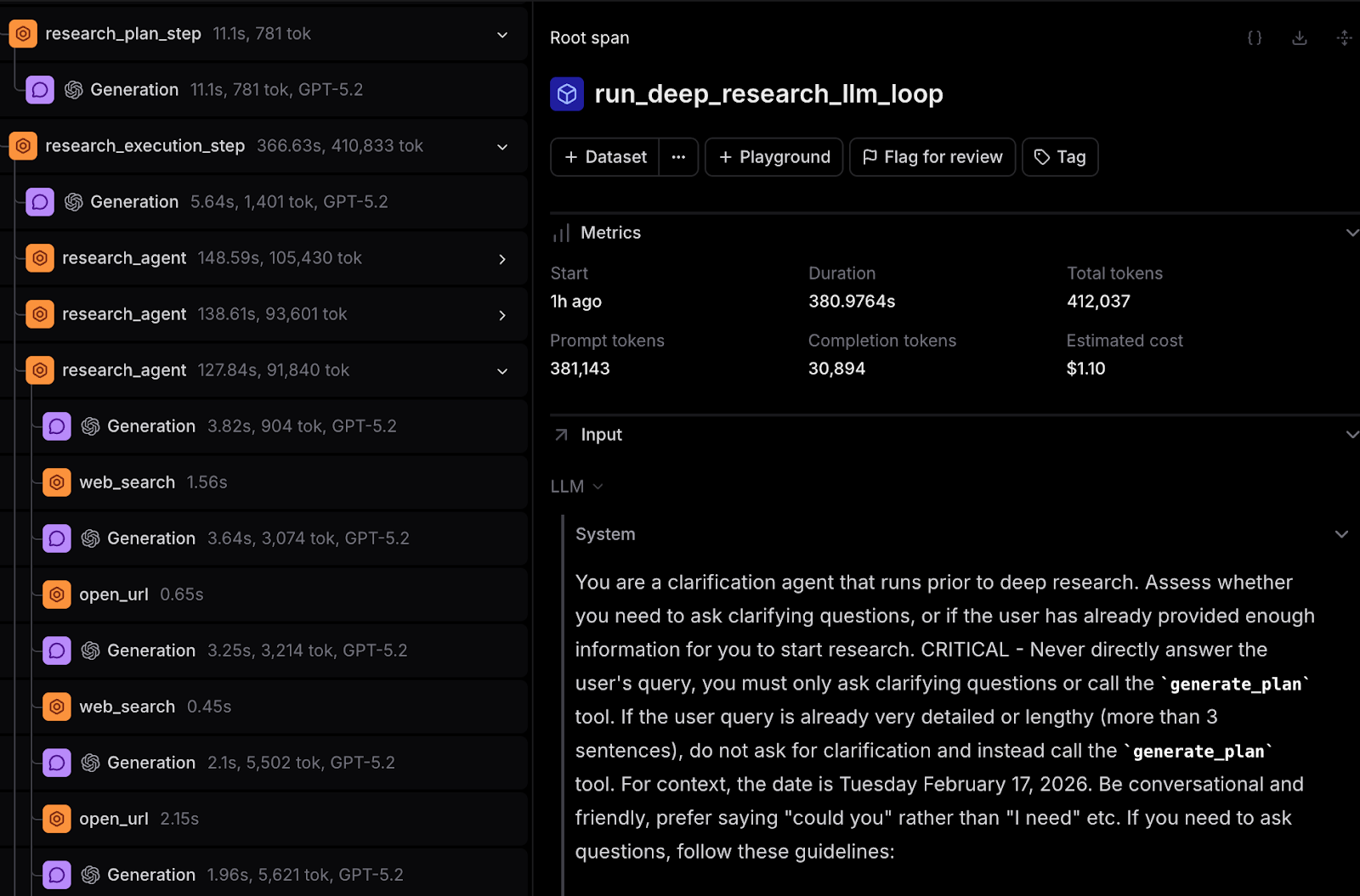 Braintrust trace of Onyx deep research