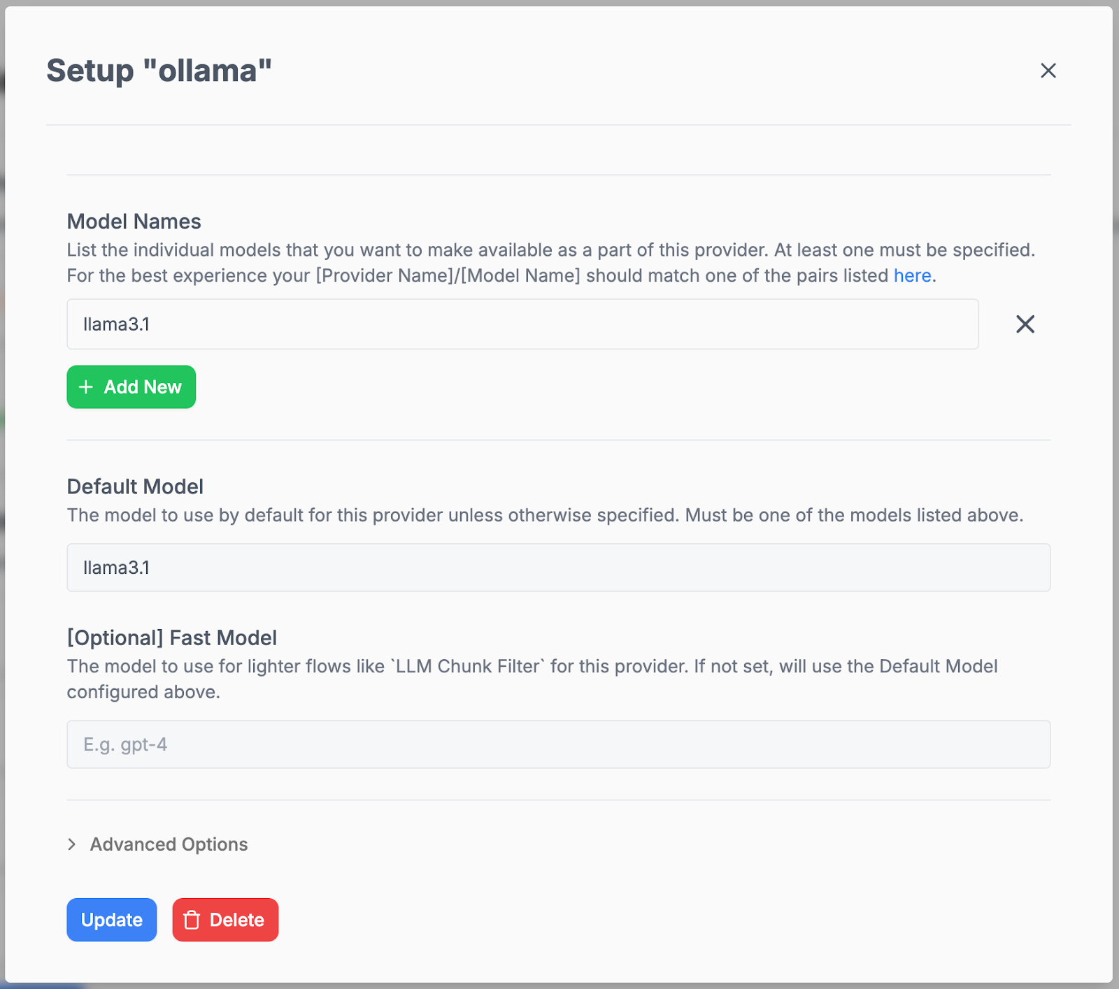 Model configuration page for Ollama in Danswer