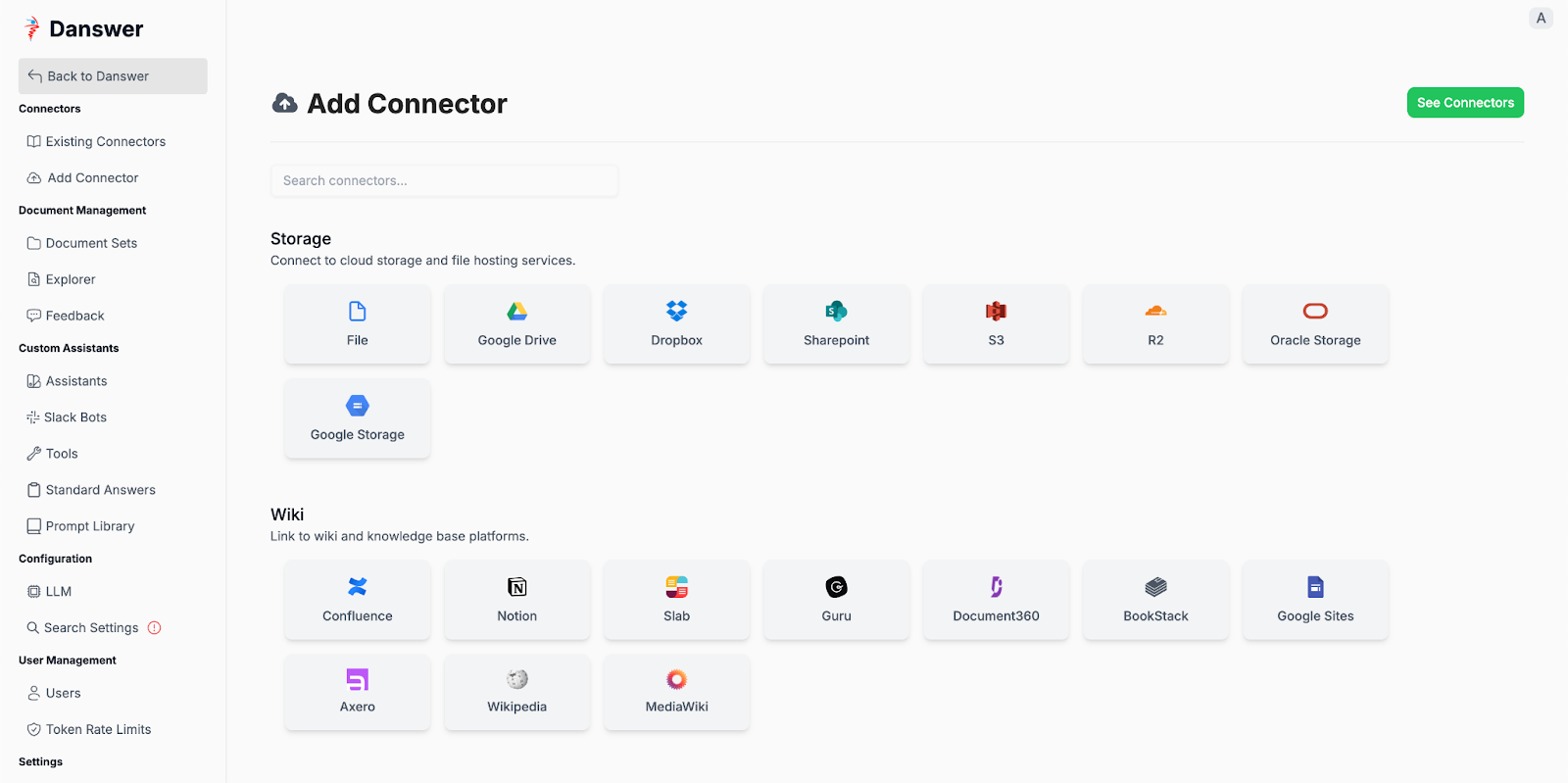 Available connectors page in Danswer